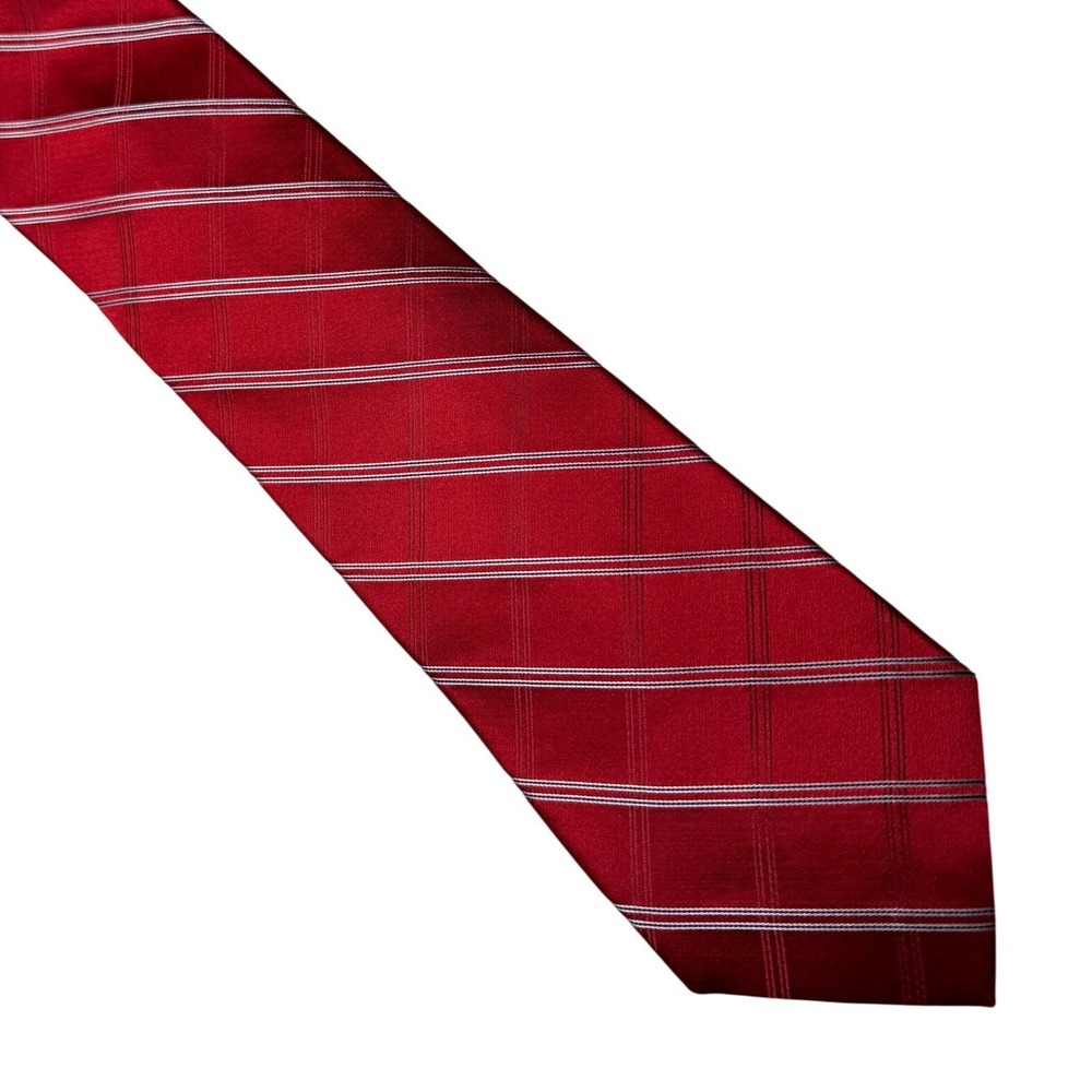 Tommy Hilfiger‎ Mens Red Plaid Striped Silk Blend Necktie Classic Preppy Tie